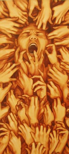 a painting of many hands reaching up to the ceiling with their mouths open and mouth wide open