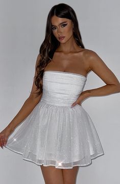 Katrina Mini Dress - Ivory – BABYBOO White Dress New Years Eve, Sparkly White Short Dress, Sparkly White Mini Dress, Dress For Mini Prom, Short Dresses Party Night Chic, White Sparkly Dress Short, Pearl Dress Design, White Glitter Dress, Prom Dresses Mini