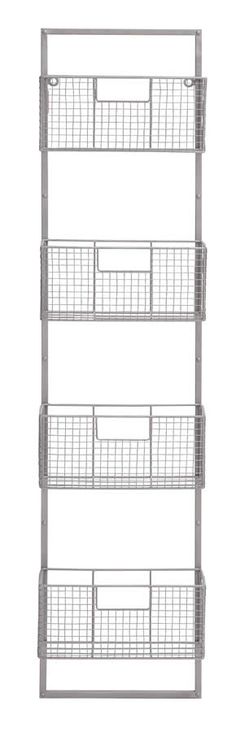 four metal shelves with baskets on each shelf