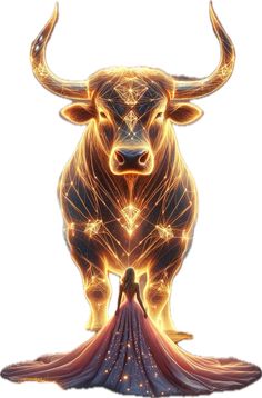 a woman standing in front of a bull with glowing lights on it's face