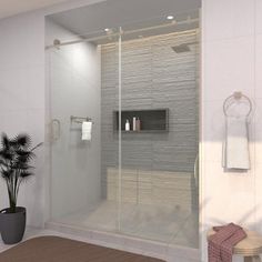 a bathroom scene with focus on the shower and towel rack in the corner, along with a potted palm tree