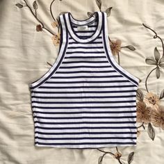 Garage Brand Navy Blue And White Stripped High Neck Crop Top Size Small! Nwot Striped Ribbed Tops For The Beach, Striped Ribbed Tops For Beach, Casual White Tank Top With Contrast Stripes, High Neck Crop Top, High Neck, Navy Blue, Blue And White, Crop Tops, Womens Tops