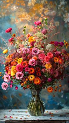 a vase filled with lots of colorful flowers