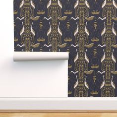 an image of a wallpaper with birds on it in gold and black color scheme