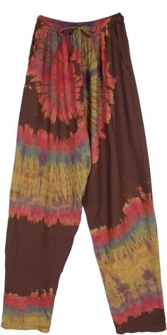 A simple pair of soft loose straight-fit rayon chocolate pants with a fun tie-dye twist, these groovy pants are the perfect companion for a casual fun lounge look.  The tie-dye effect looks very unique and highlights the pants. #tlb #SplitSkirtsPants #TieDye #bohemianfashion #hippieharempants Brown Summer Harem Pants, Summer Brown Harem Pants With Loosely Fitted Hips, Loosely Fitted Brown Harem Pants For Summer, Brown Casual Pants For Festivals, Casual Brown Pants For Festival, Bohemian Style Brown Bottoms For Loungewear, Hippie Style Brown Summer Pants, Bohemian Brown Pants For Loungewear, Brown Hippie Summer Pants