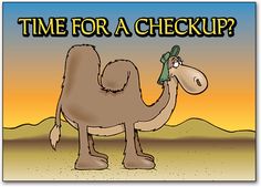 a cartoon camel with the words time for a checkup