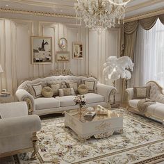 an elegant living room with white furniture and chandelier