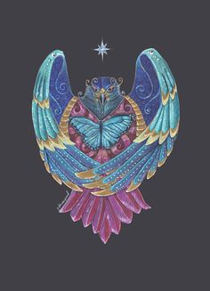 a drawing of an owl with wings and a star in the background