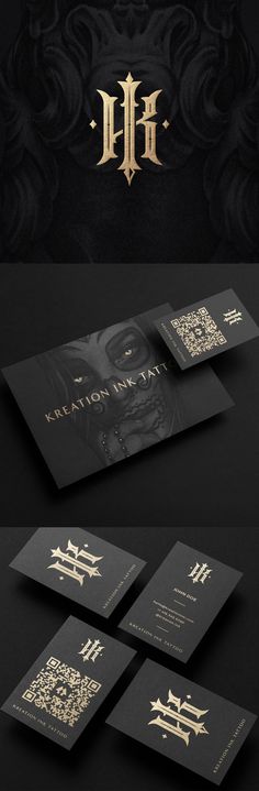 some black and gold business cards with the letter h on them