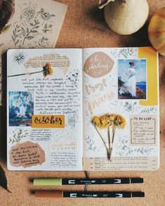 an open book with pictures and writing on it next to some markers, pens and pumpkins