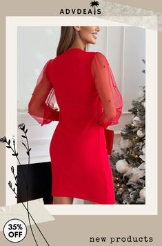 Fun Printed V Neck Lace Tulle Long Sleeved Hip Hugging Waist Dress Red Long Sleeve Gown, Long Sleeve Pencil Dress, Red Bodycon Dress, Dress Autumn, Long Sleeve Gown, Lace Patchwork, Gowns With Sleeves, Black Bodycon Dress, Lace Fashion