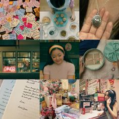 a collage of photos with various items and people around them, including an open book