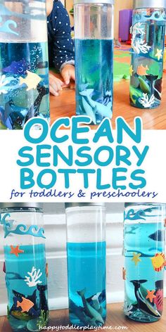 an ocean themed bottle filled with blue liquid and fish in it, next to the words ocean sensory bottles for toddlers & preschoolers