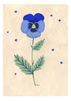 a blue flower with green leaves on a beige background and stars in the sky behind it