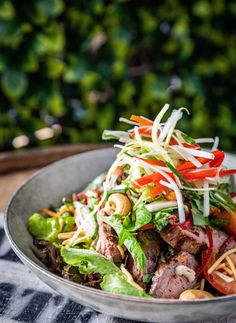 a salad with meat and vegetables in a silver bowl on a table next to a green leafy bush