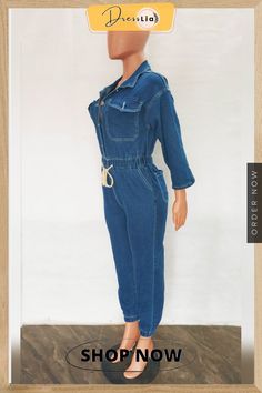 Casual Waist Lace Up Button Denim Jumpsuit Casual Overalls With Buttons, Casual Denim Jumpsuit With Buttons, Denim Blue Button-up Jumpsuit, Casual Denim Blue Jumpsuits And Rompers For Work, Denim Jumpsuits And Rompers With Buttons In Medium Wash, Utility Denim Jumpsuit With Button Closure, Utility Denim Button-up Jumpsuit, Utility Button-up Denim Jumpsuit, Casual Button-up Jumpsuits And Rompers