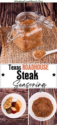 A small spice jar filled with steak seasoning on a wooden table. The two pictures below are the ingredients in a white bowl. The picture on the bottom left shows the ingredients before they are mixed, and the picture on the right shows them after they are mixed. Barbecue Seasoning Recipe, Copycat Texas Roadhouse Steak, Steak Dry Rub, Roadhouse Steak Seasoning, Steak Seasoning Recipe, Dry Rub For Steak, Texas Roadhouse Steak Seasoning, Texas Roadhouse Steak, Season Steak Recipes