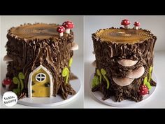 two pictures of a cake made to look like a tree stump with mushrooms on top