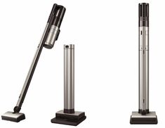 three different types of vacuums on display with one standing upright and the other closed