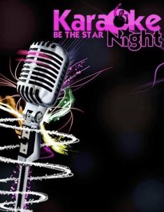 karaoke be the star night poster with an old fashioned microphone and colorful swirls