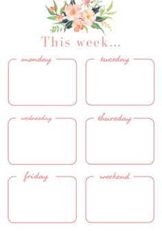 the printable weekly planner with flowers and leaves on it, is shown in pink