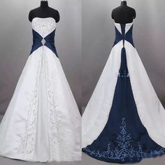 two pictures of the same wedding dress on mannequins, one in blue and white