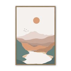 a poster with mountains and birds in the sky