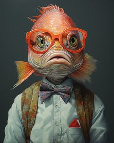 a painting of a fish wearing glasses and a bow tie with suspenders on it's head