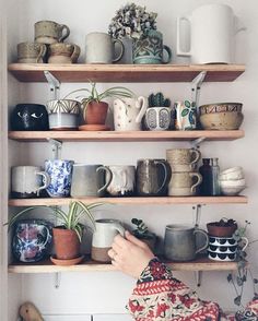 the shelves are filled with coffee cups and mugs, pots and planters on them