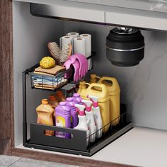 an open dishwasher with cleaning supplies in it