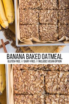 banana baked oatmeal bars in pans with cinnamon sticks