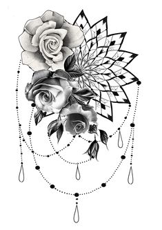 a black and white drawing of roses with leaves