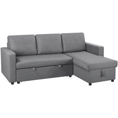 a gray couch with a pull out bed underneath it and a footstool on the side