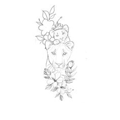 a black and white drawing of a lion with flowers on it's back side