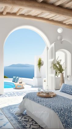 a bed sitting under an archway next to a swimming pool