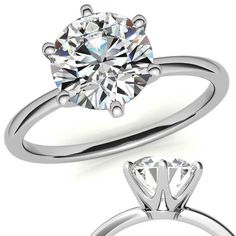 an engagement ring with a diamond on the top and side view, in white gold