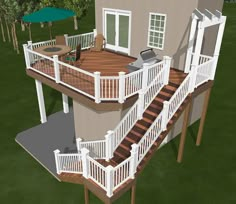 an artist's rendering of a deck with stairs leading to the upper floor and second story