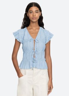 Parcie Top – Sea, New York Fitted V-neck Top With Tie Sleeves, Chic V-neck Top With Tie Straps, Spring V-neck Top With Tie Straps, V-neck Top With Tie Straps For Spring, V-neck Tops With Tie Straps For Spring, V-neck Tops With Drawstring Tie For Spring, Spring Daywear Tops With Tie Back, Tie Back Tops For Spring Daywear, Spring Tie Back Tops For Daywear