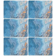 four coasters with blue and orange marble designs