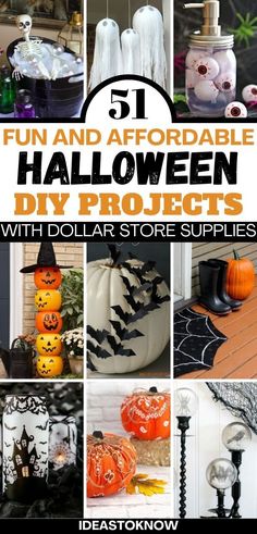 The picture consists of various halloween decorations such as pumpkins, posters and spooky decor ideas. Halloween On A Budget, Dollar Store Halloween Diy, Dollar Store Ideas, Quick Halloween Crafts, Halloween Budget, Fun Diy Halloween Decorations, Dollar Store Halloween Decorations, Halloween Outside, Halloween Christmas Decorations