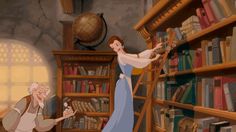 an animated image of a woman and man in a library with bookshelves full of books