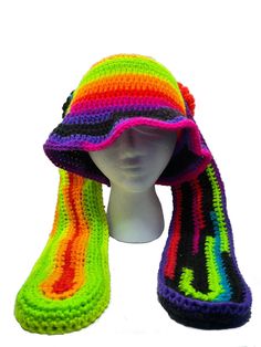 Bunnies Bucket Hat - Moon Frankenstein Adjustable Multicolor Whimsical Crochet Hat, Multicolor Hand Knitted Crochet Hat, Hand Knitted Multicolor Crochet Hat, Multicolor Crochet Yarn Cap, Hand Knitted Multicolor Crochet Hat In Yarn, Warm Multicolor Acrylic Yarn Hat, Warm Multicolor One-size Crochet Hat, Warm Multicolor Crochet Hat One Size, Whimsical Multicolor Hand Knitted Crochet Hat