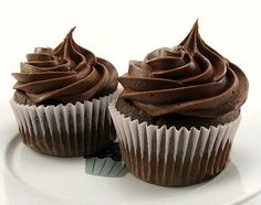 two chocolate cupcakes on a white plate