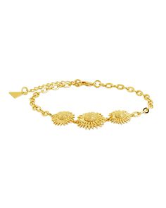 Introducing the Solaris Bracelet, a stunning piece that captures the beauty of a sunflower in a delicate chain bracelet. Adorn your wrist with this luxurious and exclusive piece, and bask in the radiance of the sunflower's warm and captivating energy. Material: 14K gold or rhodium plated brass Features: Measures 7.75" with 1.5" extender, 0.65" & 0.8" pendants, 3.5mm chain, Lead & Nickel free, lobster clasp Elegant Adjustable Sunflower Design Jewelry, Elegant Adjustable Sunflower Jewelry, Elegant Round Jewelry With Sunflower Design, Elegant Round Sunflower Jewelry, Elegant Round Sunflower Design Jewelry, Sunflower Design Floral Jewelry, Adjustable Gold Sunflower Jewelry, Adjustable Gold Jewelry With Sunflower Design, Gold Plated Sun Design Jewelry