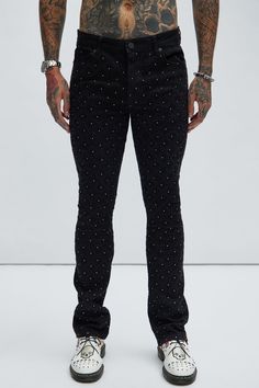 Available In Black and Light Blue All Over Diamond Pattern Jeweled Detail 5 Pocket Detail Zip Fly Button Closure Open Hem 82% Cotton 16% Polyester 2% Spandex Disclaimer: Rhinestone Placement Will Vary. Imported | Mens I Be Jeweled Stacked Skinny Flare Jeans in Black size 32 by Fashion Nova Mens Bling Jeans, Mens Black Bell Bottom Jeans, Men’s Flare Jeans, Luxury Edgy Men's Jeans, Luxury Black Fitted Jeans, Men Shirt Style, Pocket Detail, Crop Shirt, White Fashion