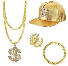 PRICES MAY VARY. 【Set Includes】This hip hop costume kit includes 1 hip hop hat, 1 fake gold necklace, 1 fake gold bracelet and 1 fake gold ring. Funny costumes set for your party dress up, you''ll be the cool guys of the party to become the focus of all attention 【Adjustable Design】Cap, necklace, bracelet are can be adjustable makes it suitable for men, women and most people's, dollar ring with open design, convenient for your preferences to wear it on any finger 【Novel Party Supplies】The costume kit with nice design and attractive appearance is easy to match with your clothing, bag and shoes, which is suitable for party, it will add more funny elements to your party and bring your guests back to their youth, giving them endless fun and joy, can be also daily wear and never goes out of sty Cheap Adjustable Hip Hop Hat, Cheap Hip Hop Hat For Streetwear, Cheap Hip Hop Hat With Curved Bill, Rock Costume, Hip Hop Jewelry Amazon.com, Hip Hop Costumes, Hip Hop Chains, Hip Hop Hat, Funny Costumes