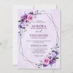 an elegant wedding card with purple flowers and greenery on the front, along with a geometric frame