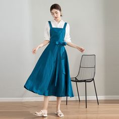 "This blue large swing sleeveless apron dress is a necessary item in your summer wardrobe. High quality linen fabric and smooth lines make you feel free to wear it. Sleeveless design and cool blue bring you cool feeling, while the lovely apron dress design shows your fashion taste. Put it on for a date, a trip or a walk! DETAIL * 50% Linen, 50% cotton, Eco friendly option , luscious fabric, the material is strong yet still flows. * Without pockets * Back zipper Closure * Swing dress * Linen pina Spring Sleeveless Pinafore Dress With Tie Straps, Spring Sleeveless Sundress Pinafore, Blue Sleeveless Casual Pinafore Dress, Casual Blue Sleeveless Pinafore Dress, Womens Linen Dress, Midi Pinafore Dress, Linen Apron Dress, Custom Dress, Dress Pleated