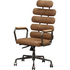 a brown office chair with wheels and arms