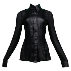 Luxury Collared Tops For Evening, Classic Sheer Top For Formal Occasions, Classic Sheer Tops For Formal Occasions, Formal Pleated Silk Blouse, Classic Sheer Evening Tops, Fitted Black Sheer Shirt, Classic Sheer Evening Blouse, Fitted Sheer Black Shirt, Formal Long Sleeve Sheer Shirt